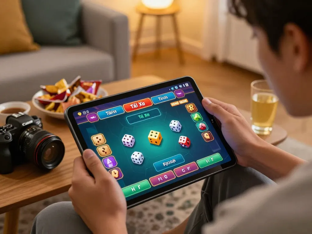 Tai Xiu betting on taixiuonline8 platform in a cozy home scene with tablet and strategy notes.
