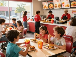 Fast food menu at a lively restaurant with customers enjoying burgers and fries.