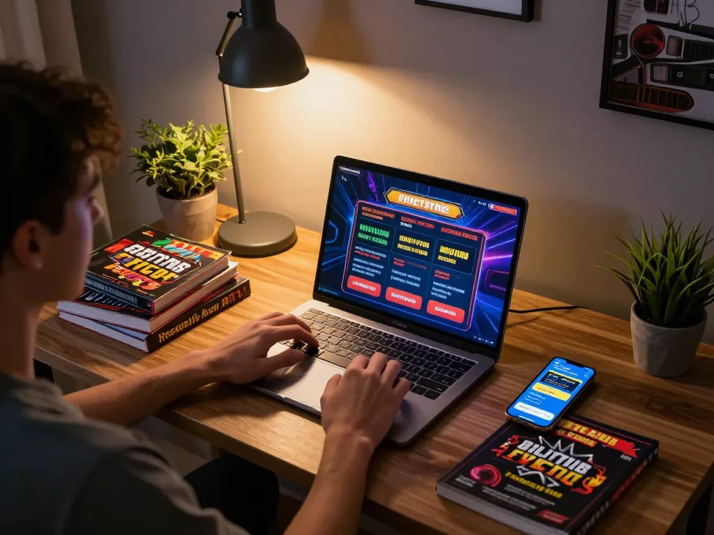 Person playing fabet slots on a laptop, enhancing bankroll management strategies in cozy atmosphere.