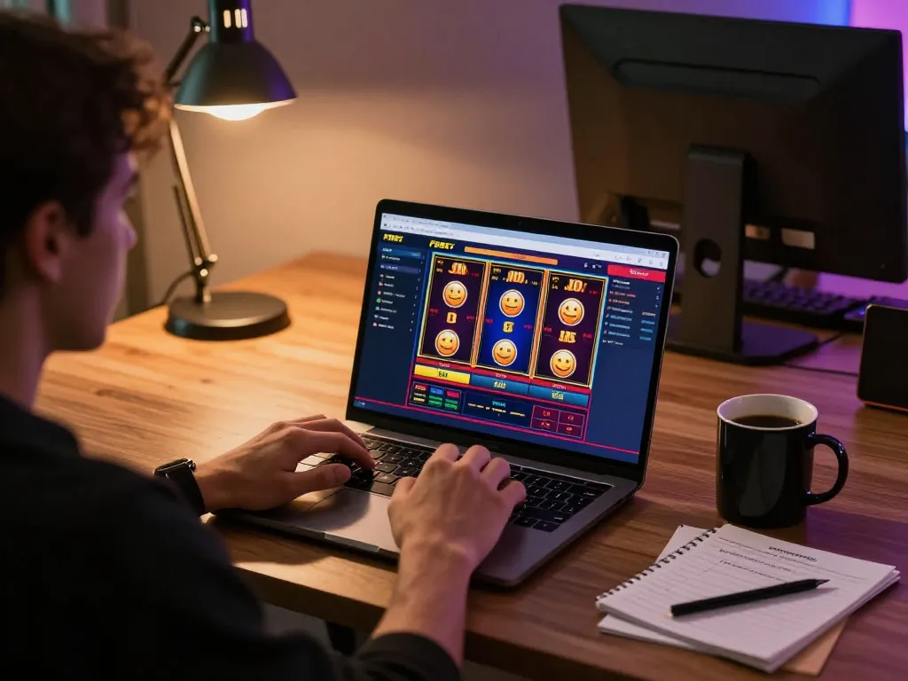 Player navigating F8BET online casino interface while using laptop and reviewing strategy notes.
