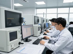 Engineers performing compliance testing in a state-of-the-art laboratory.