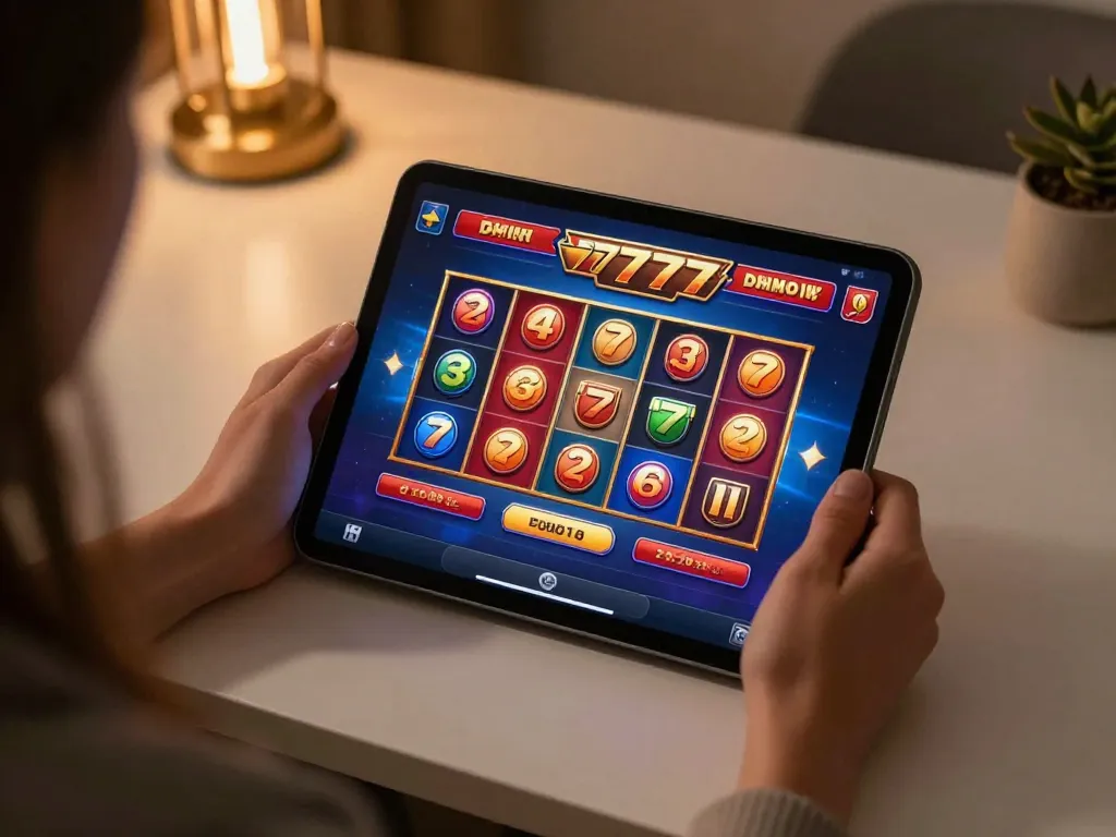 Playing slot777 with excitement on a tablet in a cozy home setting, showcasing a vibrant gaming interface.