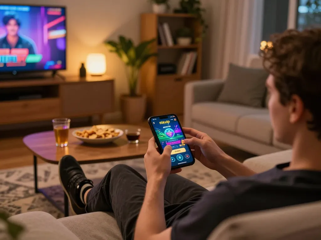Player enjoying a strategic gaming session on the rikvip mobile app in a cozy living room.