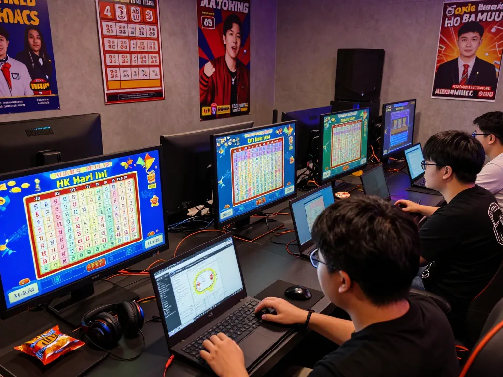Engaged players checking HK Hari Ini results in a lively Togel Hongkong gaming environment.