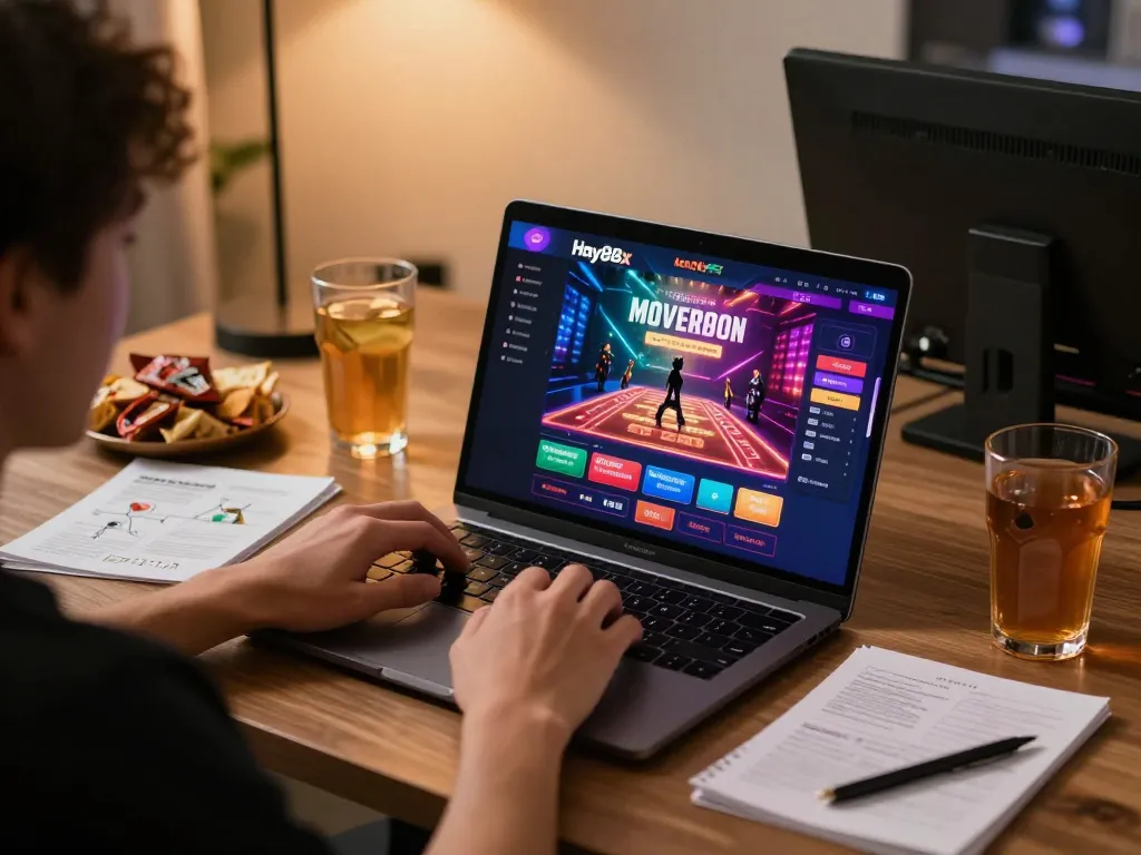 Player enjoying online casino gameplay at hay88x with vibrant interface and cozy snacks.