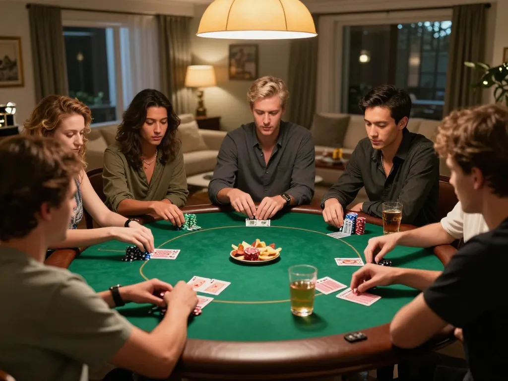 Onbet players enjoying an intense Texas Hold'em game during a cozy home poker night.
