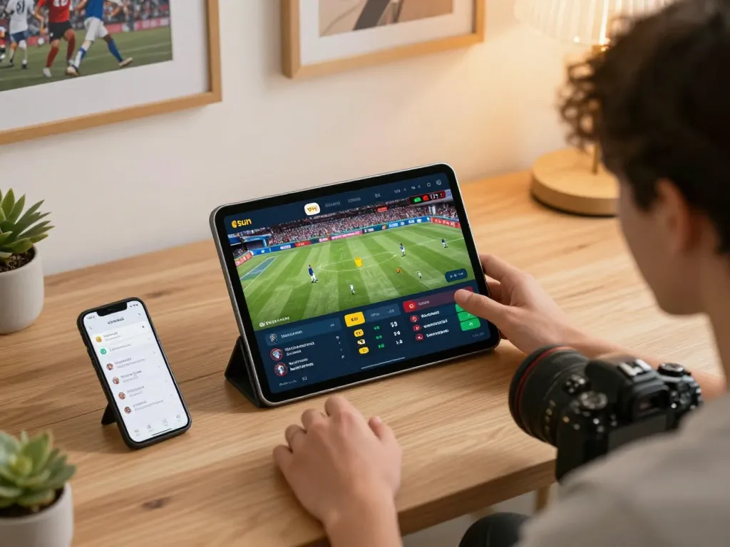 Engaging in online betting at home using a tablet for sun win during an exciting sports match.
