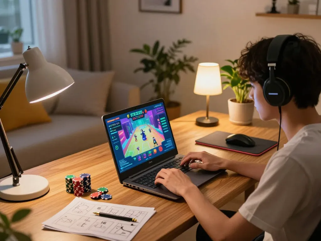 Player enjoying situs slot gacor on a laptop in a cozy home setting with strategic gaming setup.