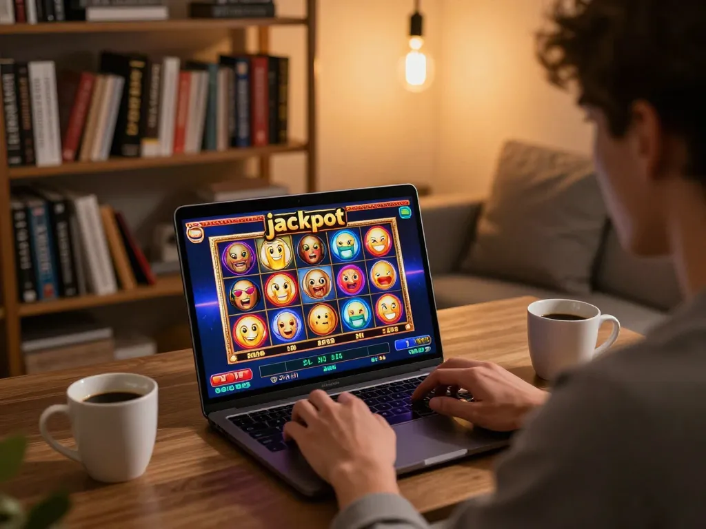 Engaging in a slot depo 1000 gaming session at home, showing excitement at jackpot win.