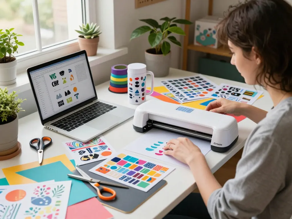 Designer showcasing Svg files while crafting colorful tumbler designs in a home studio.