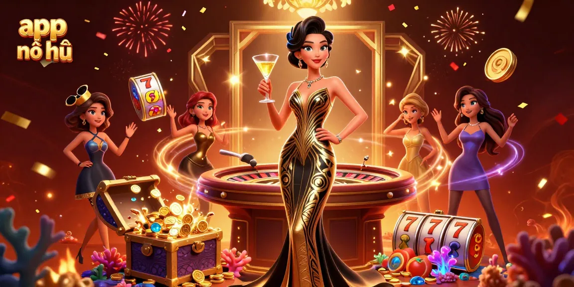 Play winning slots in app nổ hũ featuring elegant Asian woman with vibrant casino elements.