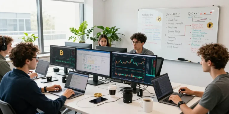 crypto cloud mining strategies discussed in a vibrant office with multiple screens, highlighting blockchain insights and trading activities