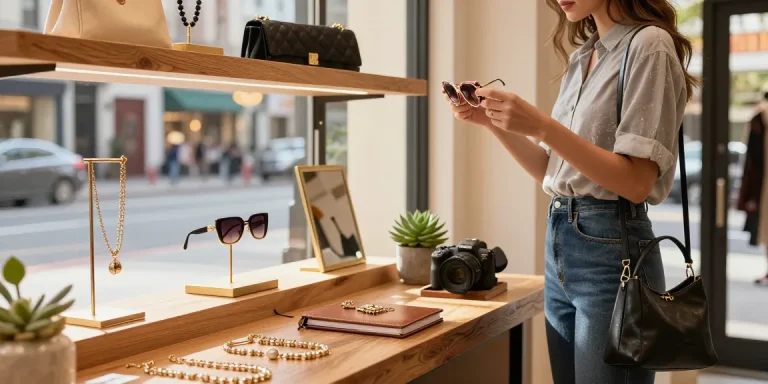 Browsing stylish 레플리카 accessories in an urban boutique, showcasing quality and fashion.