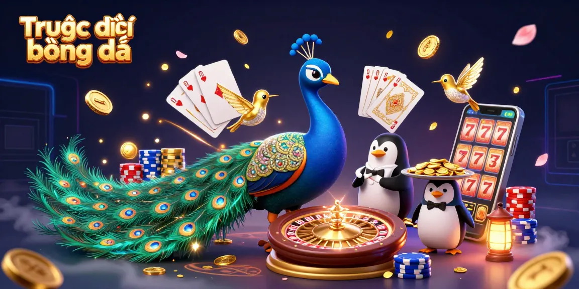 Experience Trực tiếp bóng đá with vibrant 3D illustration showcasing a peacock and penguin amidst casino elements.