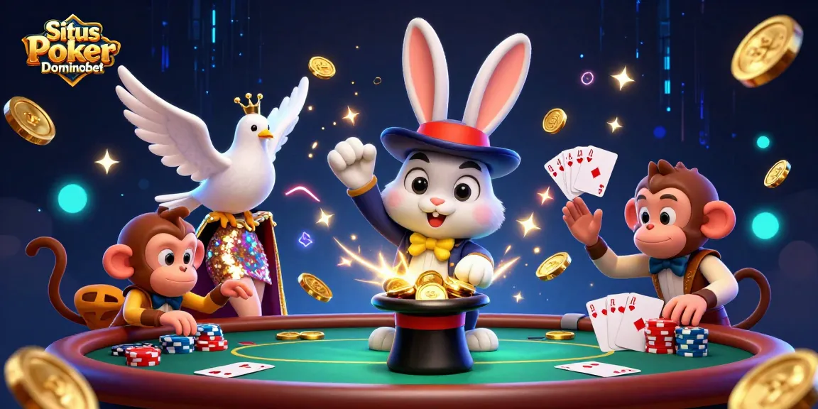 Situs Poker Dominobet showcases a vibrant 3D illustration of poker action with engaging characters and exquisite detail.