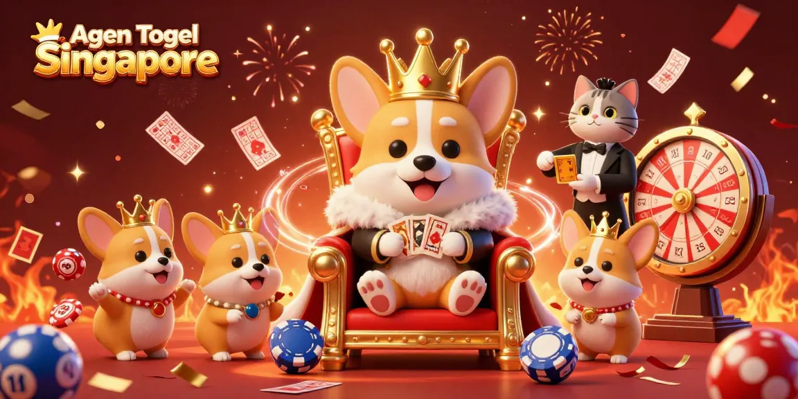Agen Togel Singapore features a royal corgi in a lively lottery setting, surrounded by colorful elements and gold.