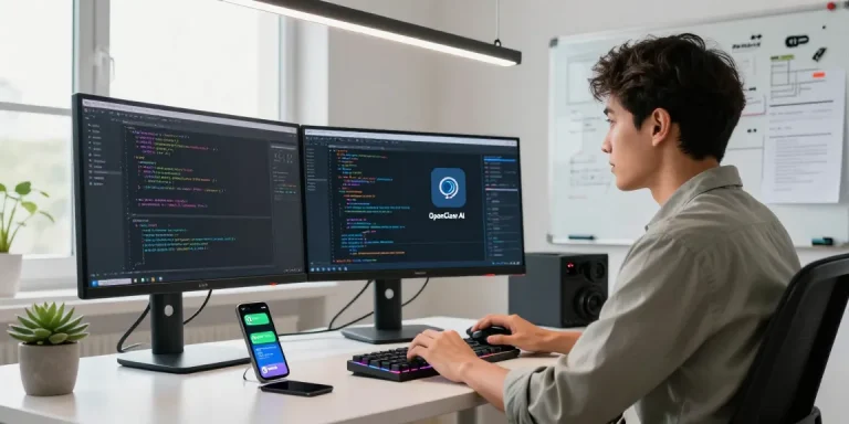 IT professional using clawbot in a modern home office, showcasing automation and productivity.