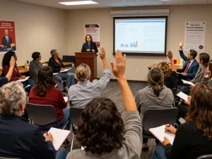 Civilians facing serious political discussions at a town hall meeting, highlighting active civic engagement and community concerns.
