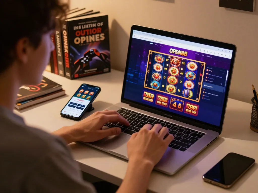 Engaging with Open88's online casino platform from a modern gaming setup, showcasing vibrant slot game.