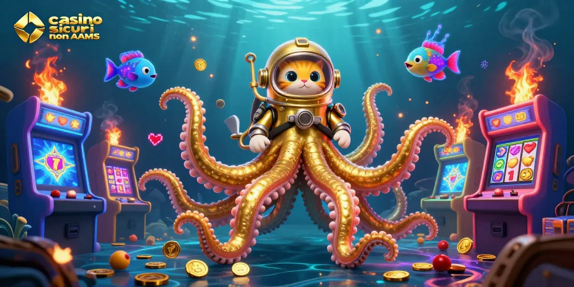 Impegnati nei casino sicuri non AAMS con un'illustrazione 3D colorata che presenta un kraken, un gatto subacqueo e elementi da casinò.