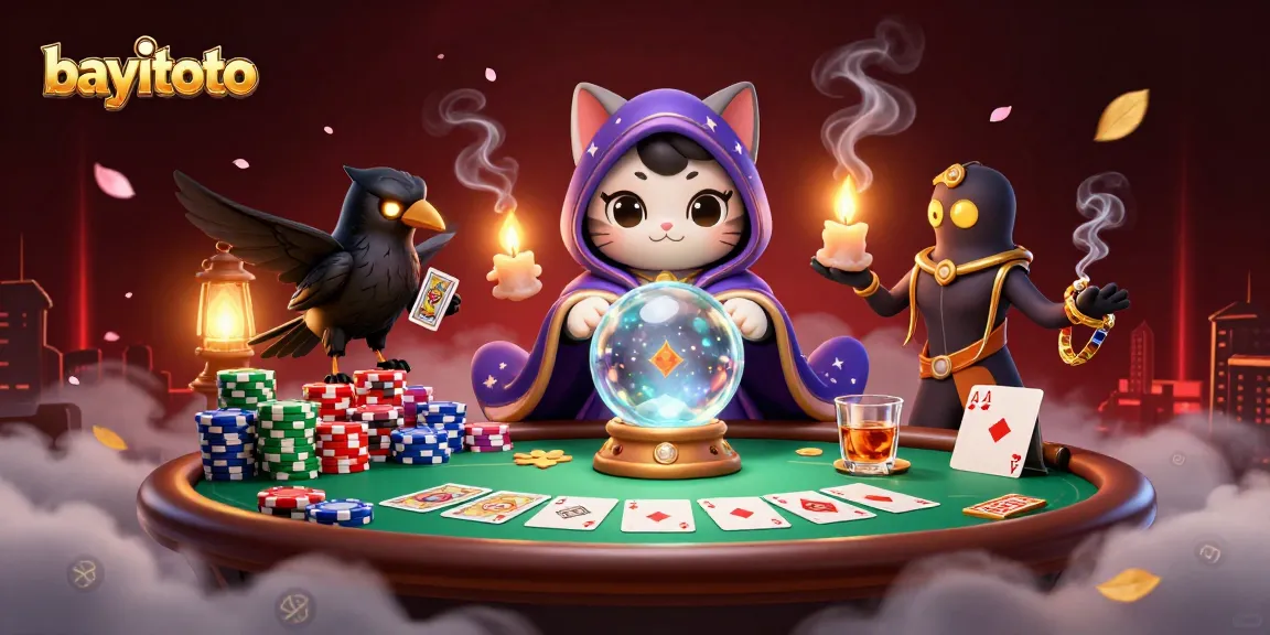 Experience high-stakes fun with bayitoto at this vibrant casino illustration, including poker elements and magical characters.