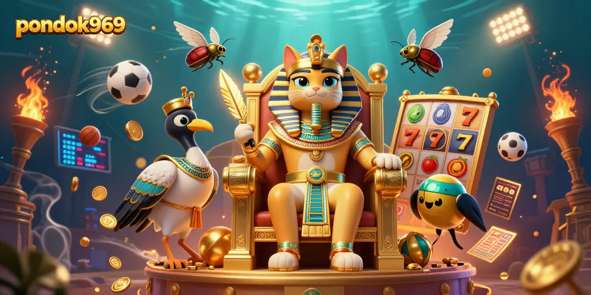 Pondok969 showcases vibrant slot and sports gaming elements in an engaging 3D illustration