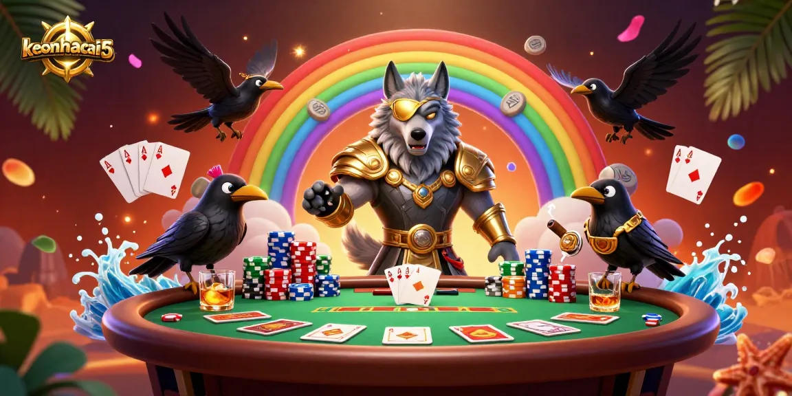 Engage with keonhacai5nam, featuring Odin and ravens on a vibrant casino chips bridge.