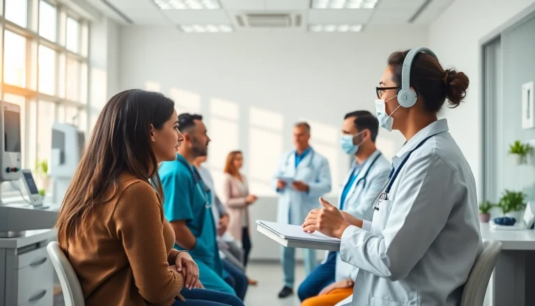 Engaging scene of early detection health screening, featuring professionals assisting diverse patients.