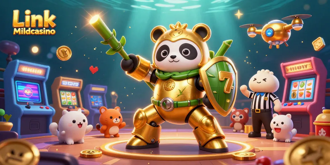 Engage with the vibrant world of Link Mildcasino through this dynamic 3D illustration showcasing a mech-suit panda in a bustling casino.