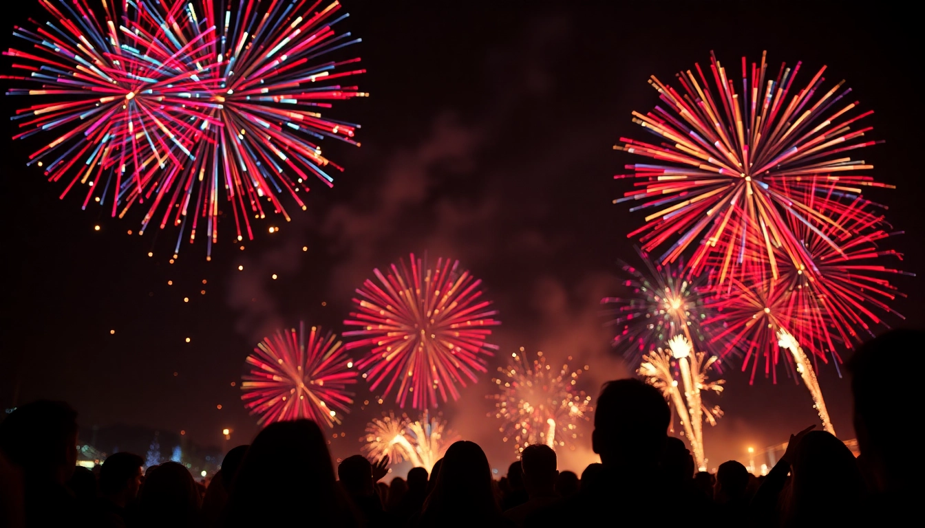 Celebratory fireworks uk display lighting up the night sky over a crowd of spectators. related image