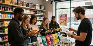 Customers exploring K2 products including buy-4f-mdmb-2201-k2-liquid-infused-papers in urban smoke shop.