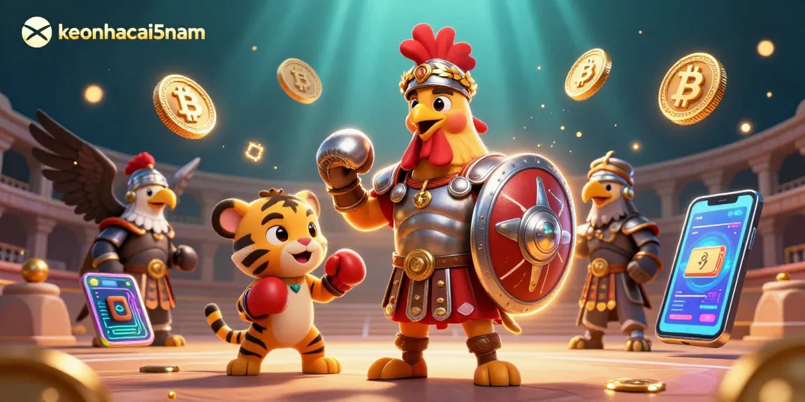 Engage with keonhacai5nam where a gladiator rooster and a tiger cub animate the thrill of sports betting.