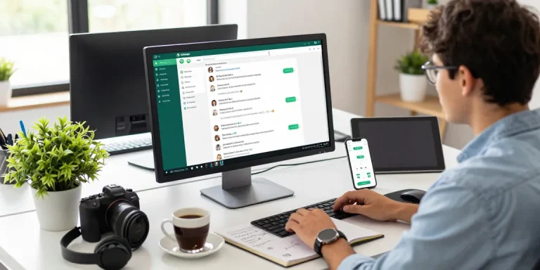 Using WhatsApp網頁版 on a computer in a bright office workspace with tech gadgets.