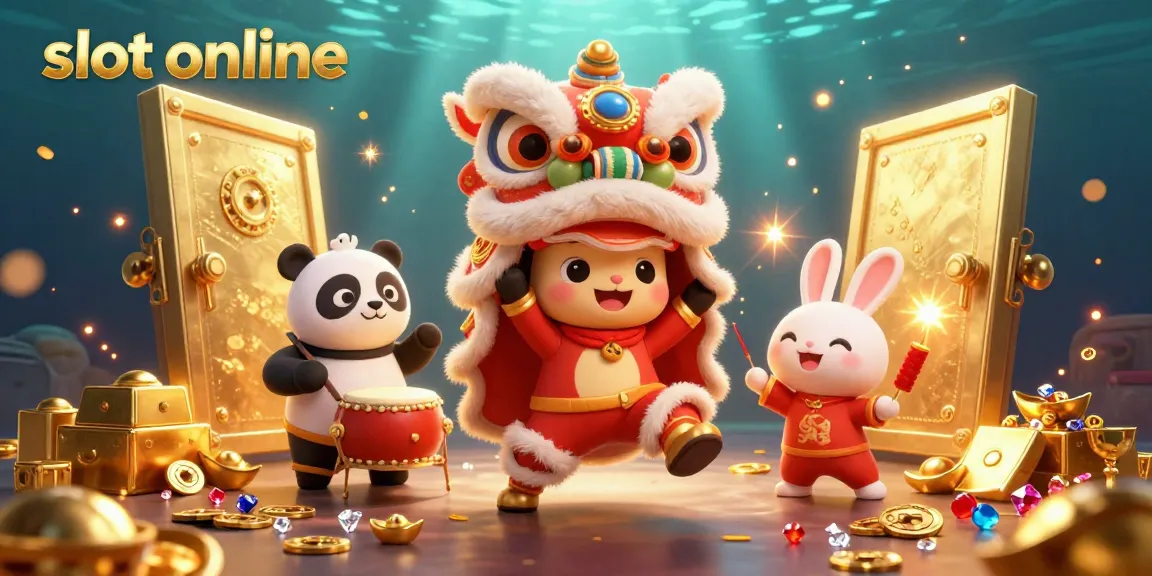 Experience lively slot online fun with a vibrant lion dance and stunning treasures in a dynamic casino scene.