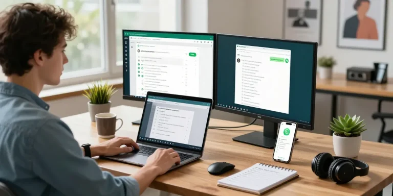WhatsApp網頁版 interface shown on multiple monitors in an engaging workspace setup.