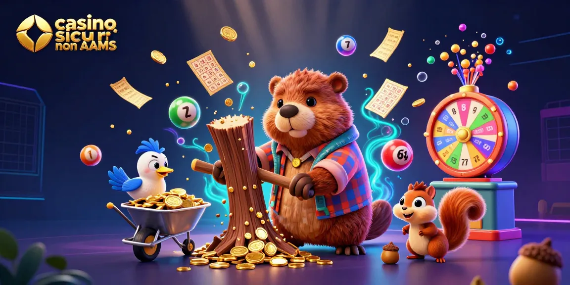 Divertiti con i casino sicuri non AAMS mentre un castoro raccoglie monete d'oro tra vivaci elementi di gioco.