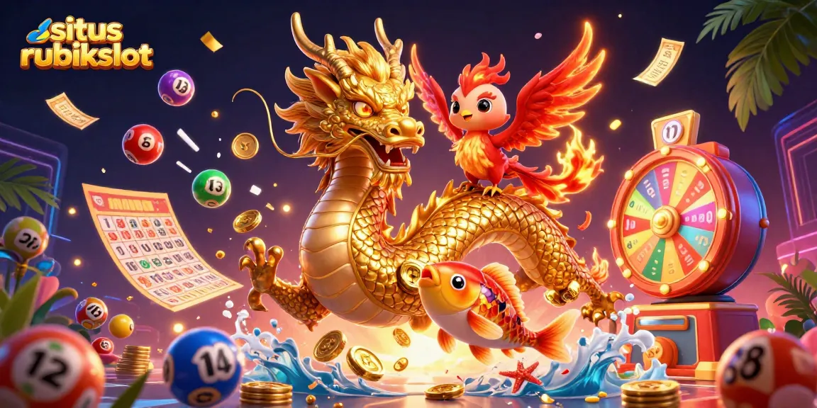 Experience situs rubikslot with a dynamic scene featuring a golden dragon, phoenix, and koi fish amidst vibrant gaming elements.