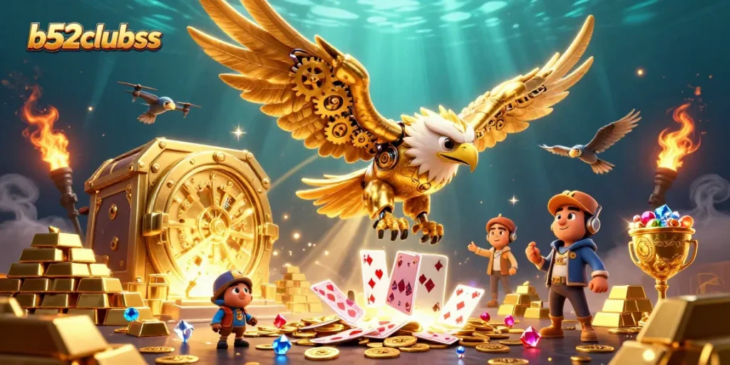 Engage players at b52clubss with a dynamic scene featuring golden treasures and gaming elements.