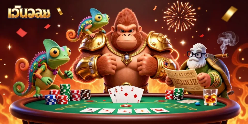 Engaging scene with a เว็บบอล gorilla king and chameleon spy at a poker table, vibrant casino atmosphere.