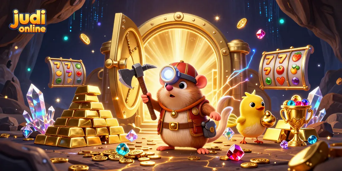 Menangkan judi slot online dengan slot gulungan berkilau dan simbol buah terhampar di sekitar karakter ceria.