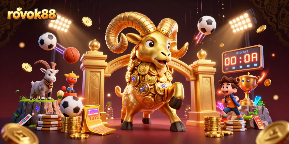 Watch the massive golden ram of rokok88 charge through gold and sports, showcasing thrilling gambling excitement.