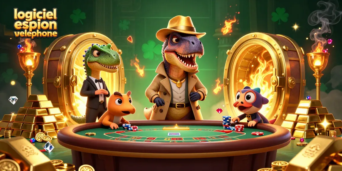 Jouer avec logiciel espion téléphone dans un casino animé avec des personnages de dinosaures et des trésors éclatants.