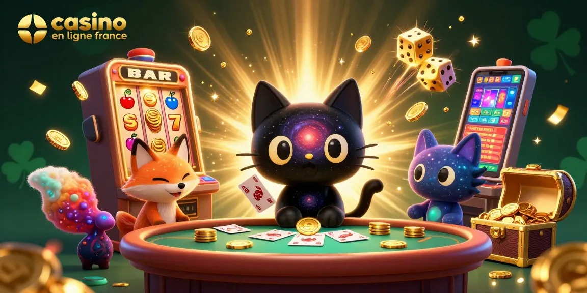 Image dynamique d'un casino en ligne France avec un chat noir gravitationnel et un renard nébuleux attirant des jetons d'or.