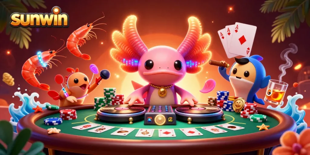 Experience thrilling moments at sunwin with a vibrant underwater casino scene featuring an axolotl DJ and playful sea creatures.