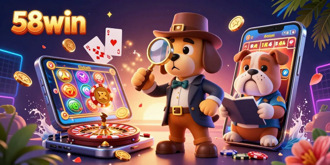 Engage in thrilling gameplay with 58win's vibrant 3D casino illustration featuring dynamic slot games and playful characters.