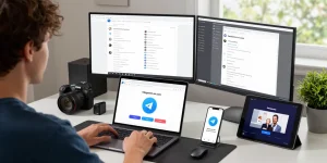 Engaged user setting up telegramin-cn.com across devices in a modern workspace.