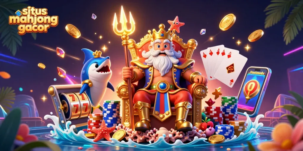 Spin and win on situs mahjong gacor with a vibrant 3D scene of Neptune and colorful casino elements.