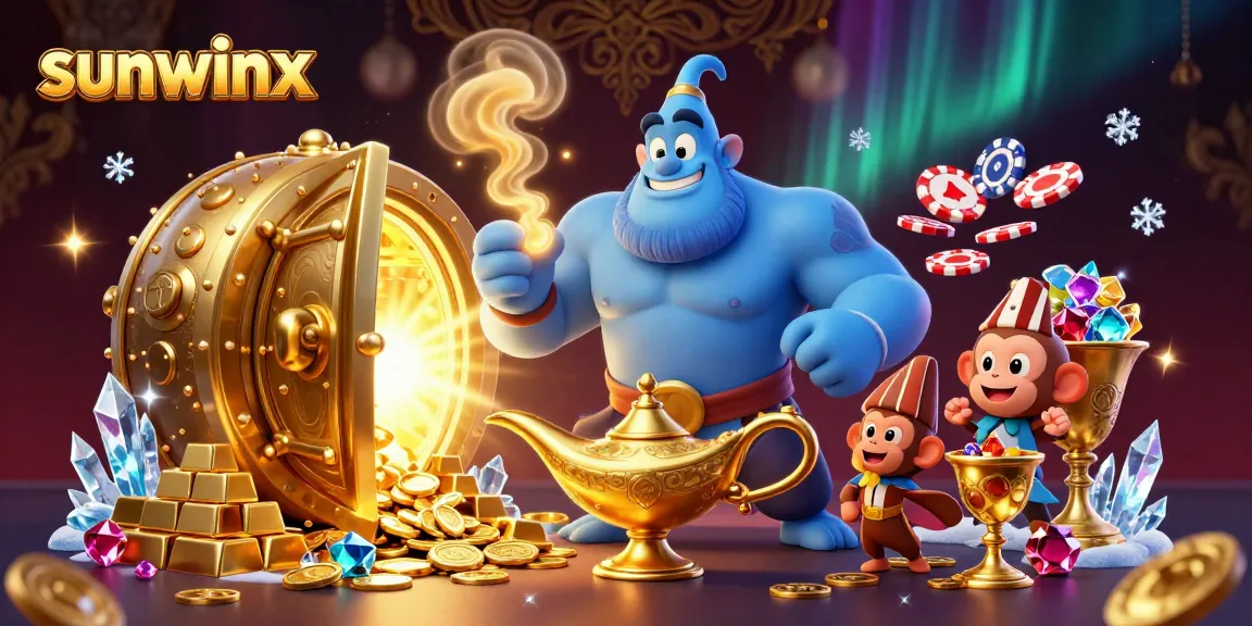 Win big at sunwinx with an exciting illustration showcasing treasures, poker chips, and magic elements.