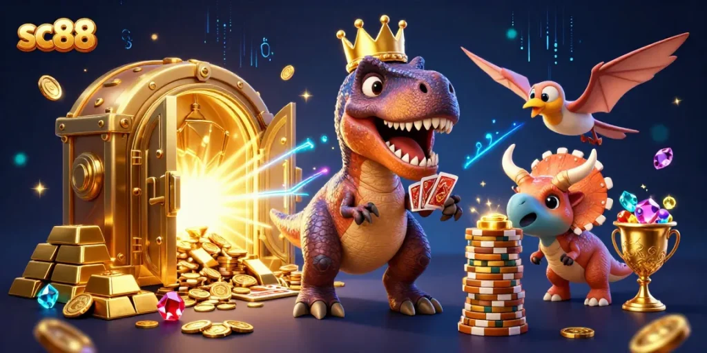 Engage in thrilling games at sc88, featuring a playful T-Rex and vibrant treasures!