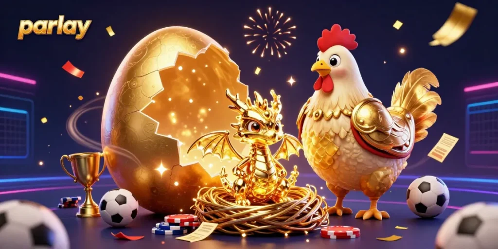 Engage in thrilling parlay betting adventures with a dynamic 3D illustration of a golden dragon.